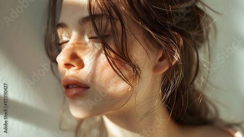A woman with a gentle expression showing face skin irritation, highlighted under soft lighting