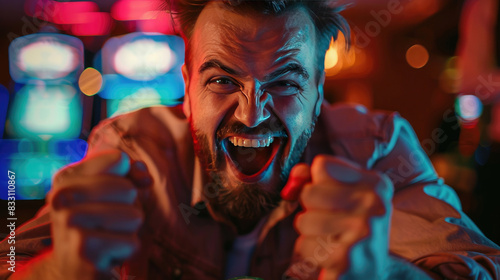 A Excited Man Victorious in Poker Game at Casino