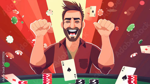 A Excited Man Victorious in Poker Game at Casino