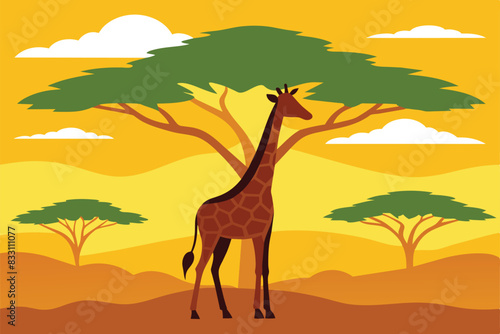 Giraffe Tree Animal Savanna Landscape Africa Wildlife vector Illustration