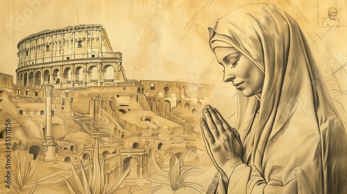 St. Perpetua in Prayer with Roman Arena, Biblical Illustration, Beige Background, Copyspace