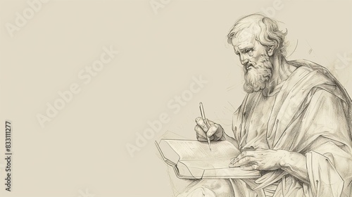 St. Luke the Evangelist Writing in 1st-Century Church, Biblical Illustration, Beige Background, Copyspace photo