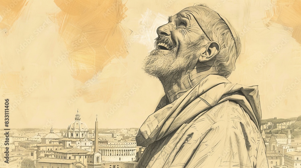 Fototapeta premium St. Philip Neri in Moment of Joy, Rome, Biblical Illustration, Beige Background, Copyspace