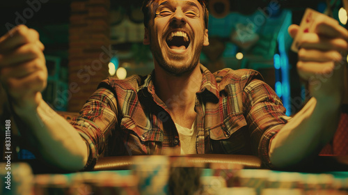 A Excited Man Victorious in Poker Game at Casino