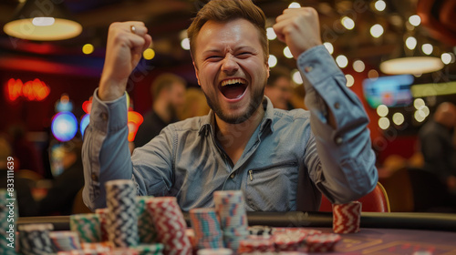 A Excited Man Victorious in Poker Game at Casino