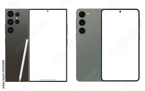 Samsung Galaxy S23, and S24 Ultra. New Release Android Smartphone mockup on white background. Realistic vector mock up. Vector illustration.