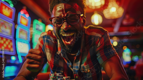 A Excited Man Victorious in Poker Game at Casino