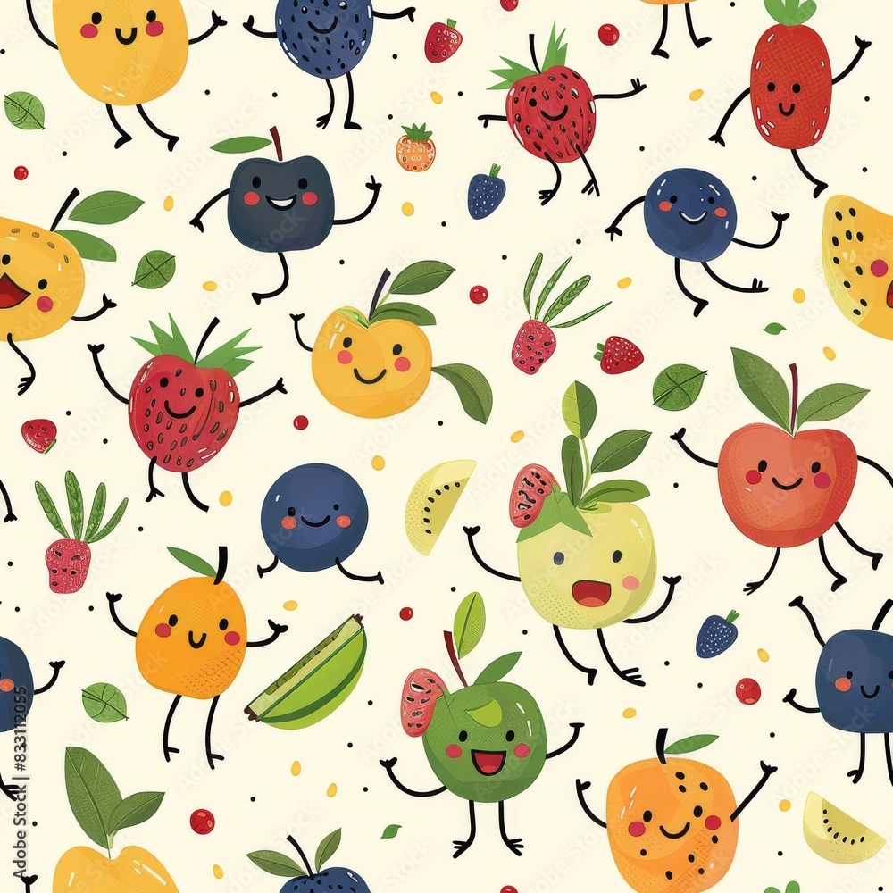 whimsical seamless pattern of fruit characters with smiley faces whimsical seamless pattern of fruit characters with smiley faces