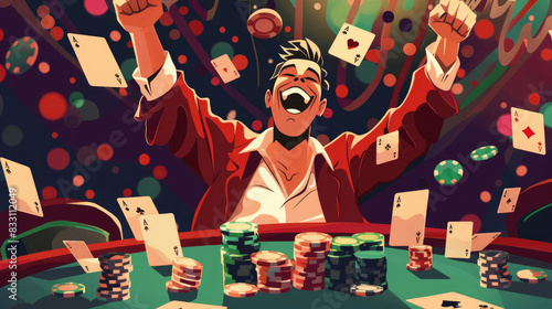 A Excited Man Victorious in Poker Game at Casino