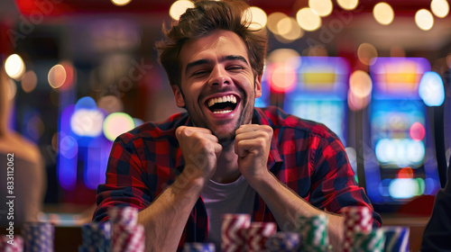 A Excited Man Victorious in Poker Game at Casino