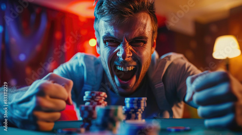 A Excited Man Victorious in Poker Game at Casino