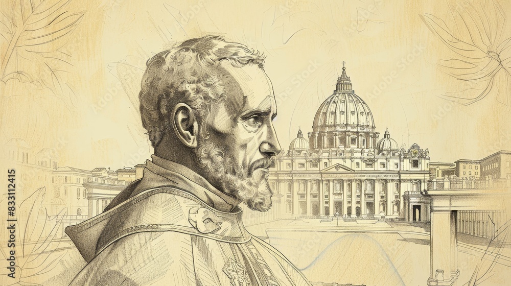 Fototapeta premium St. Robert Bellarmine in Scholarly Setting, Vatican, Biblical Illustration, Beige Background, Copyspace