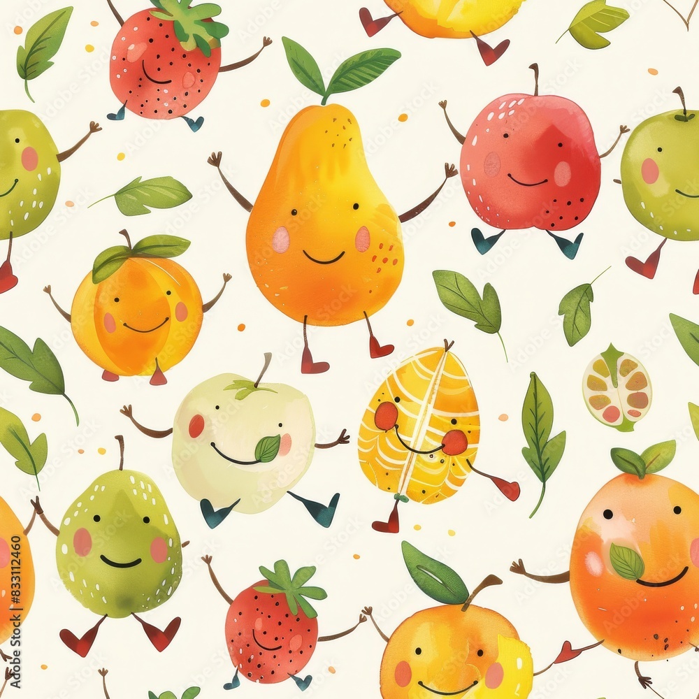 whimsical seamless pattern of fruit characters with smiley faces whimsical seamless pattern of fruit characters with smiley faces