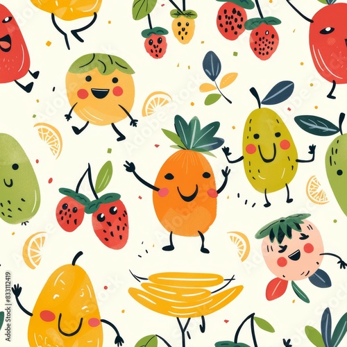 whimsical seamless pattern of fruit characters with smiley faces © fledermausstudio