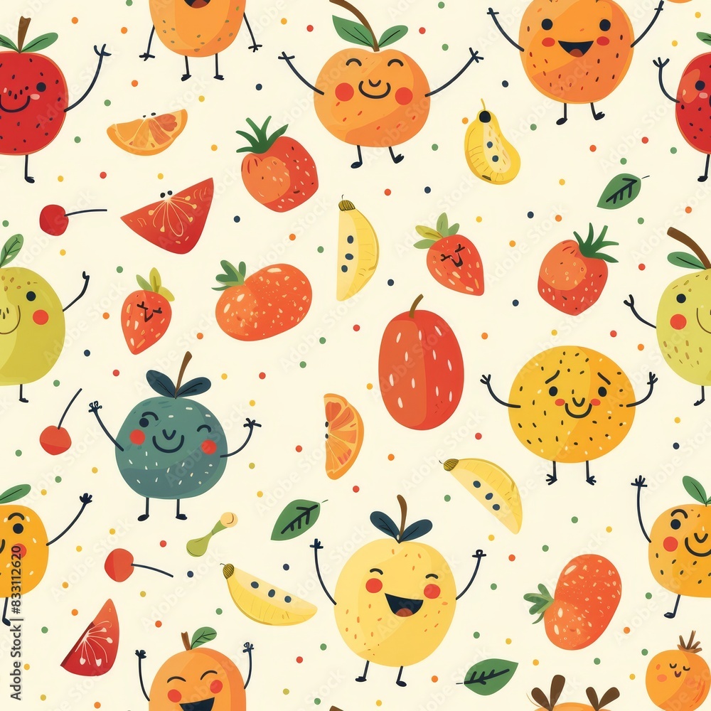 whimsical seamless pattern of fruit characters with smiley faces whimsical seamless pattern of fruit characters with smiley faces