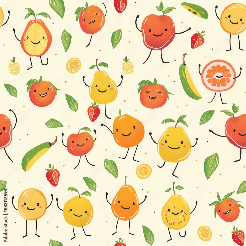 whimsical seamless pattern of fruit characters with smiley faces whimsical seamless pattern of fruit characters with smiley faces