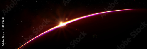 Bright sunlight on dark planet horizon. Vector realistic illustration of space galaxy with starry night sky, sun shining behind earth, cosmos exploration game background, science fiction backdrop