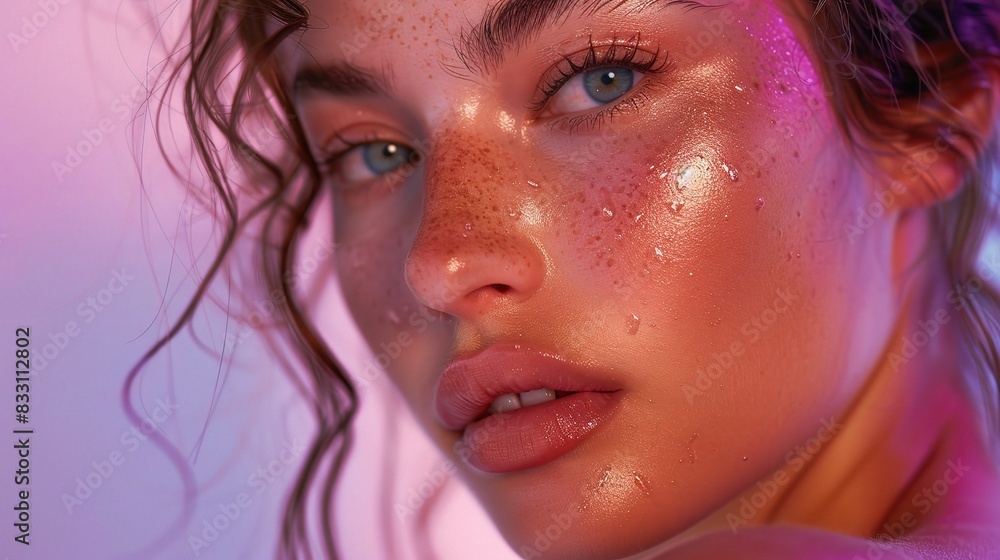 woman with glowing beauty on her face skin, softly lit with a pale purple background woman with glowing beauty on her face skin, softly lit with a pale purple background