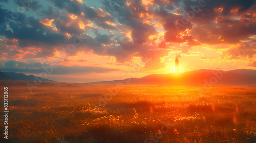 An ultra HD view of a nature grassland at sunrise, the sky glowing with vibrant colors and the grasses bathed in golden light photo