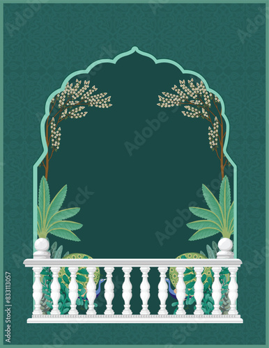 Traditional Mughal pichwai art, Mughal garden, peacock, and arch frame for wallpaper. wall art illustration design.