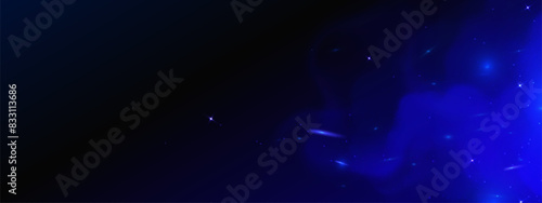 Blue smoke with sparks on black background. Realistic 3d vector illustration of abstract bg with steam cloud and bright sparkles or stars with light overlay effect. Magic burn texture with flare.