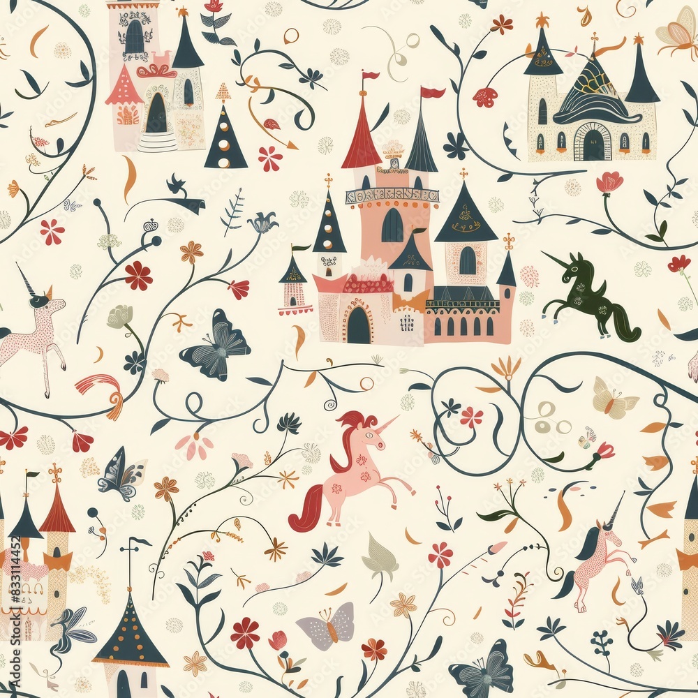 Naklejka premium seamless pattern of storybook castles, unicorns, and princess characters