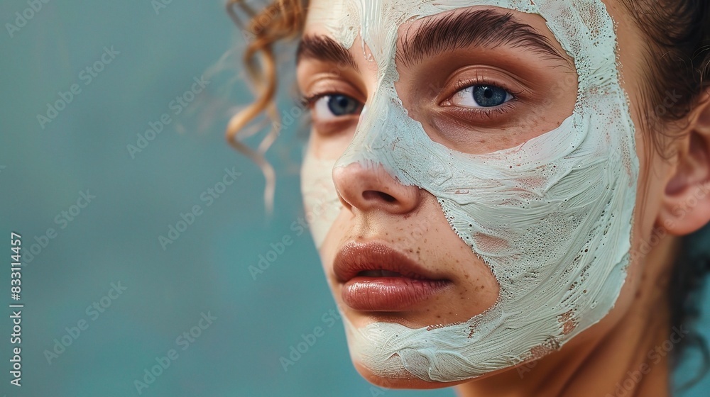 woman with perfect face skin, applying a clay mask, set against a calming blue background woman with perfect face skin, applying a clay mask, set against a calming blue background
