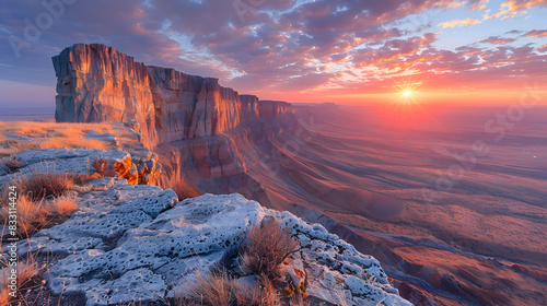 An ultra HD view of a nature plateau at sunrise, the sky glowing with vibrant colors and the cliffs casting long shadows