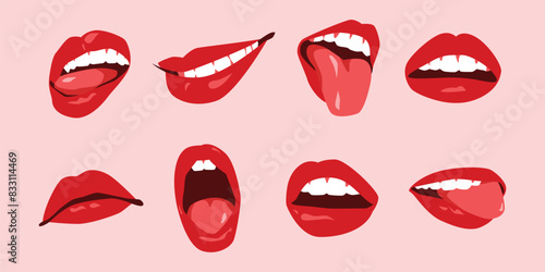 set of sexy woman's lips with red lipstick, white teeth, and tongue out. mouth icon. flat vector illustration.