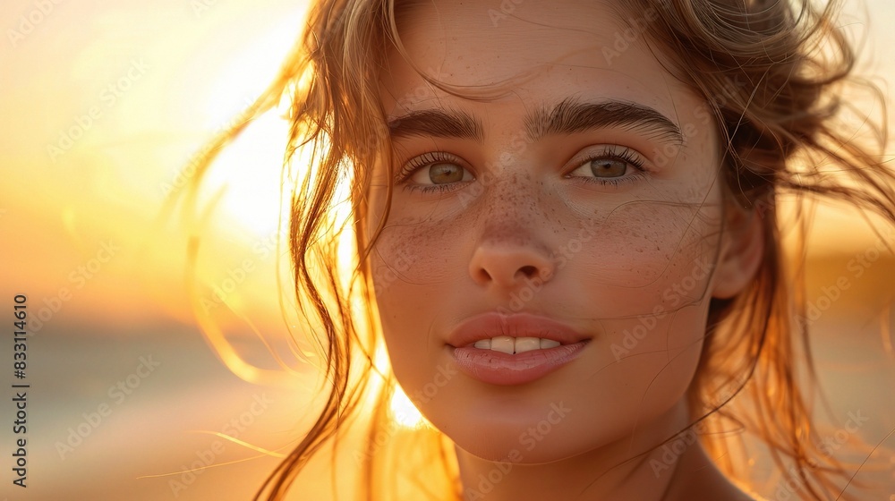 woman with radiant skin, captured in warm golden hour light, against a sunset background woman with radiant skin, captured in warm golden hour light, against a sunset background