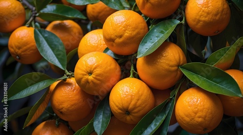 Orange trees with ripe fruits. Bloomy orange garden.