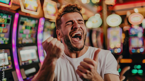 A Man Rejoicing After Winning on Casino Slot Machine