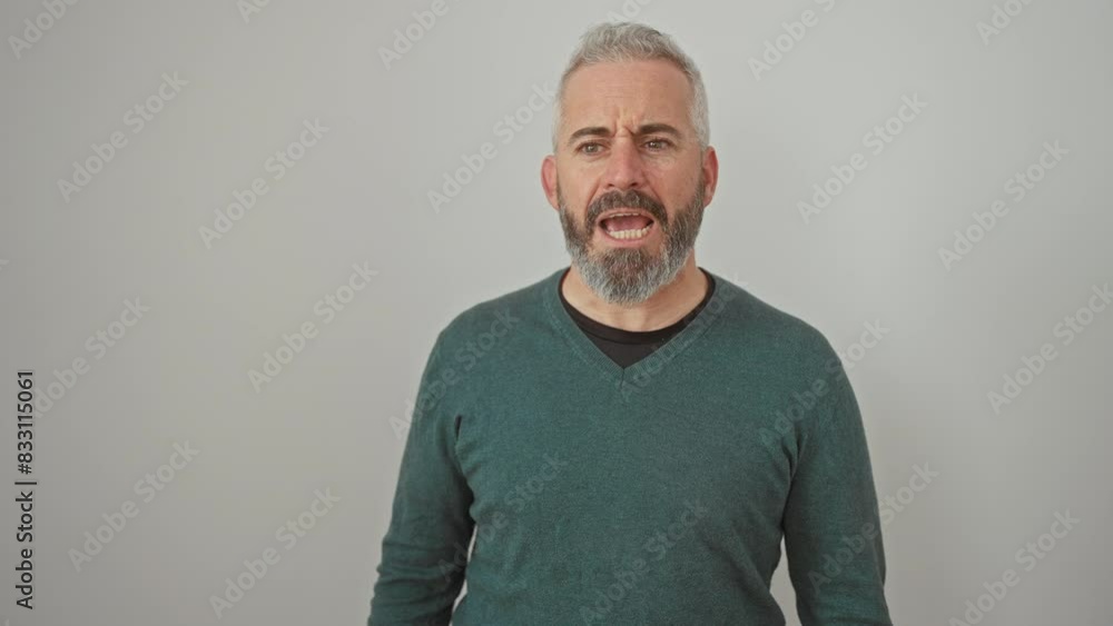 Enraged young man wearing sweater shouting in frustration, expressing fury and anger, displaying aggressive rage - isolated on white background Enraged young man wearing sweater shouting in frustration, expressing fury and anger, displaying aggressive rage - isolated on white background