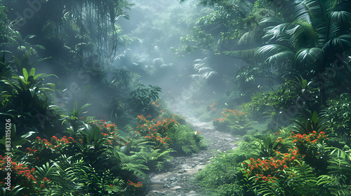 An ultra HD view of a nature rainforest  featuring a meandering path surrounded by vibrant foliage. The morning mist adds a mystical touch