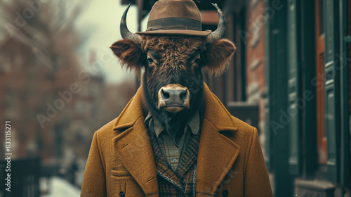 Chic buffalo roams city streets with regal flair, donned in tailored elegance that defines street style photo