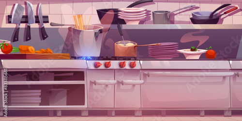 Restaurant kitchen interior. Vector cartoon illustration of room with cooking equipment, vegetables on metal table, pasta boiling on cooker, clean pans, plates and bowls on shelves, catering design