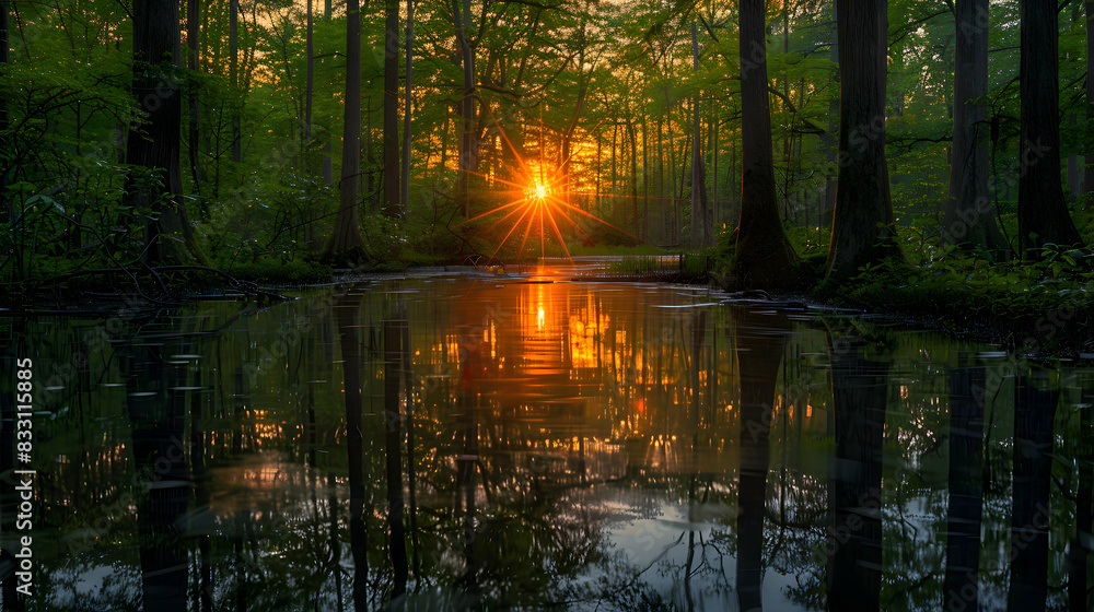 Obraz premium An ultra HD view of a nature swamp at sunrise, the light filtering through the trees and illuminating the water