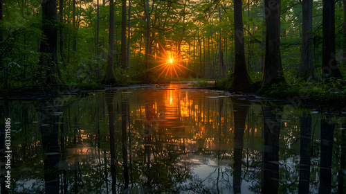 An ultra HD view of a nature swamp at sunrise, the light filtering through the trees and illuminating the water