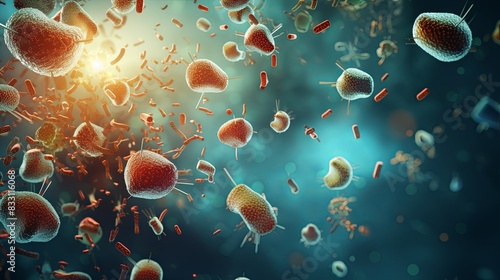 Microscopic Typhoid Bacteria Background in 3D Illustration - Medical Science Concept with Pathogenic Germs and Cells photo