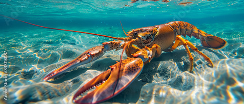 American lobster in a clear blue sea