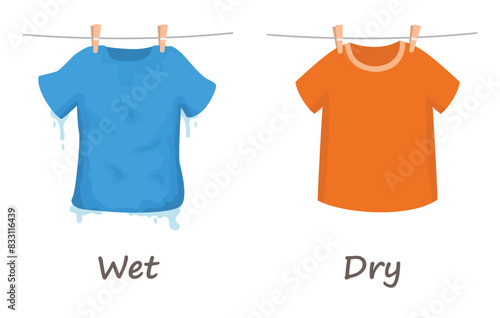 Opposite adjective antonym words wet and dry illustration of t-shirt explanation flashcard with text label