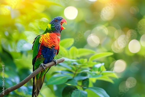 Colorful parrot singing a melodious song on a lush green branch