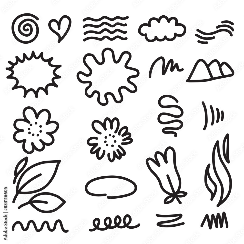 Hand drawn collection of design element doodle on white background. Hand drawn collection of design element doodle on white background.