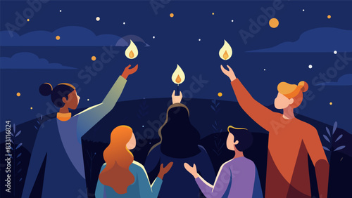 Under the cover of a starry sky a group of friends huddle together their candles forming a circle of light as they lift up their collective prayers at. Vector illustration