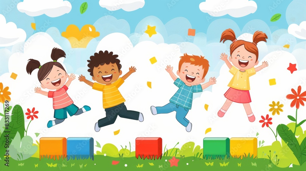 Cartoon Vector Happy children playing and learning in a safe environment, representing the benefits of ending child labor Generative AI Cartoon Vector Happy children playing and learning in a safe environment, representing the benefits of ending child labor Generative AI
