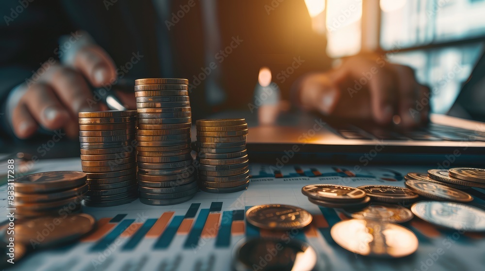 Interest rate and dividend concept, businessman calculating income and return on investment, save, income, return, retirement, compensation fund, investment, dividend tax, stock market, Generative Ai Interest rate and dividend concept, businessman calculating income and return on investment, save, income, return, retirement, compensation fund, investment, dividend tax, stock market, Generative Ai