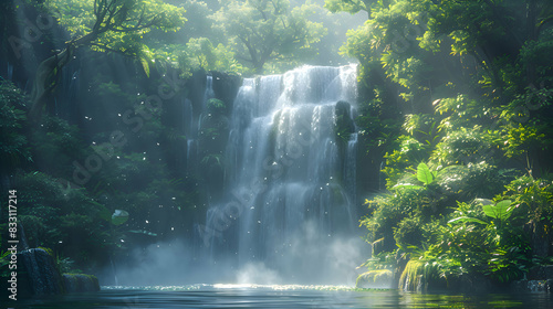 An ultra HD view of a powerful nature waterfall in a dense forest, the mist rising and catching the sunlight