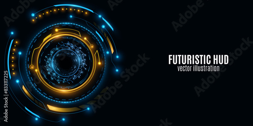 HUD circles with light effects. Futuristic dashboard. Cyber circuit board on a black background. GUI and UI design. Vector. EPS 10.