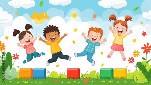 Cartoon Vector Happy children playing and learning in a safe environment, representing the benefits of ending child labor Generative AI