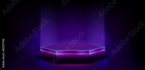 Hexagon product podium with pink neon light on dark purple background. Realistic 3d vector goods display platform for game design. Floating in air futuristic showcase stage in studio room interior.